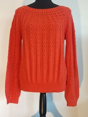 Coral Open-Work Cable Crewneck Sweater